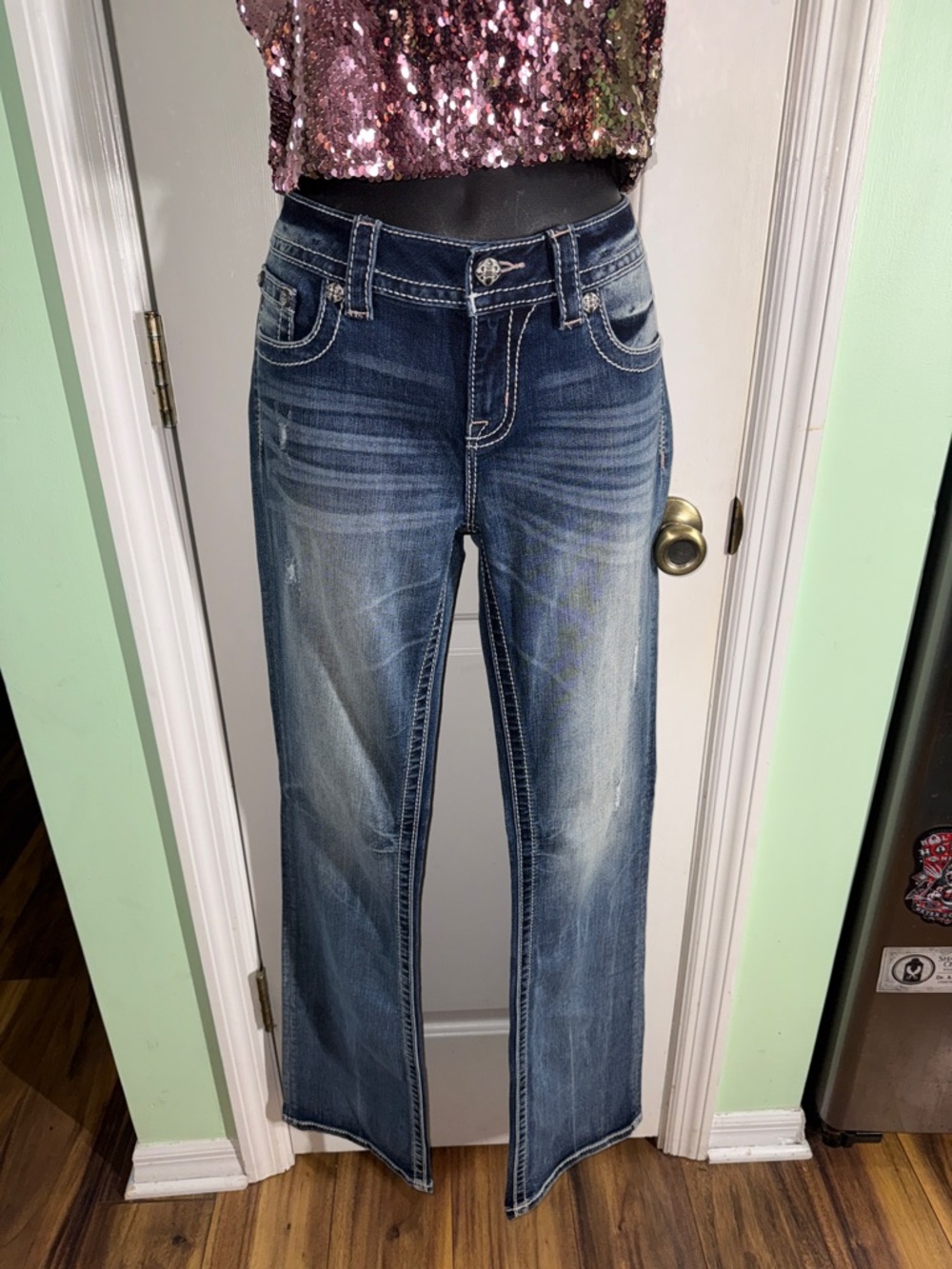 Miss Me Blue Vintage Distressed Brocade Mid-Rise Bootcut Jeans Tall Size 28